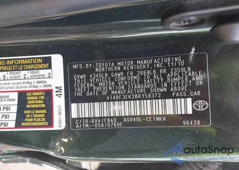 2011 Toyota Camry Le из США, поврежденный, VIN 4T4BF3EK2BR158372